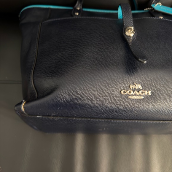 Coach Navy Leather Tote Bag Bright Blue Trim Shoulder Bag - Picture 9 of 10